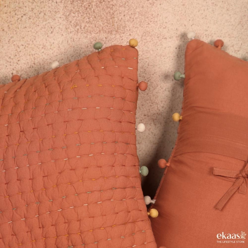 Kantha Pom Pom Cushion Covers, Set of 2