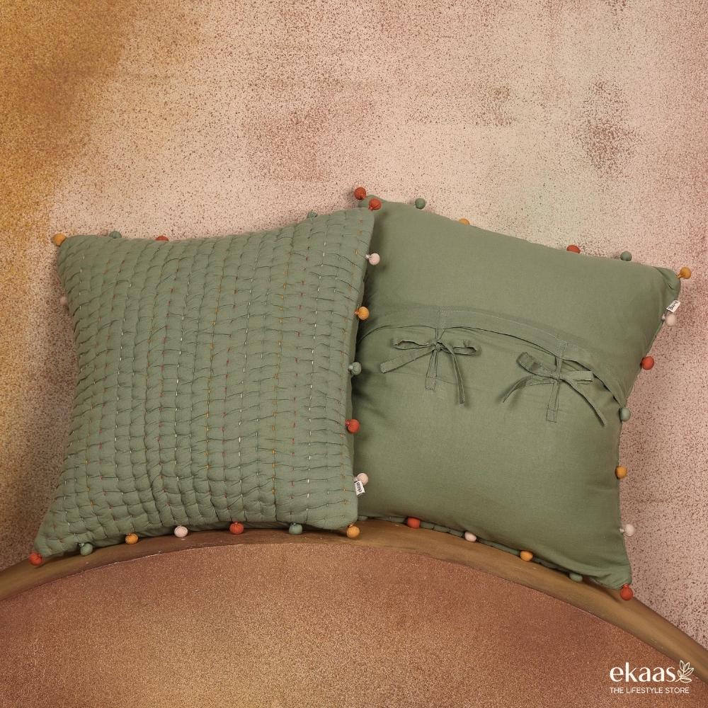 Kantha Pom Pom Cushion Covers, Set of 2