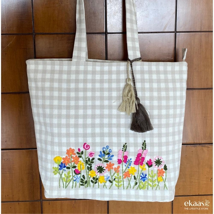 Hand-Embroidered Floral Tote Bag