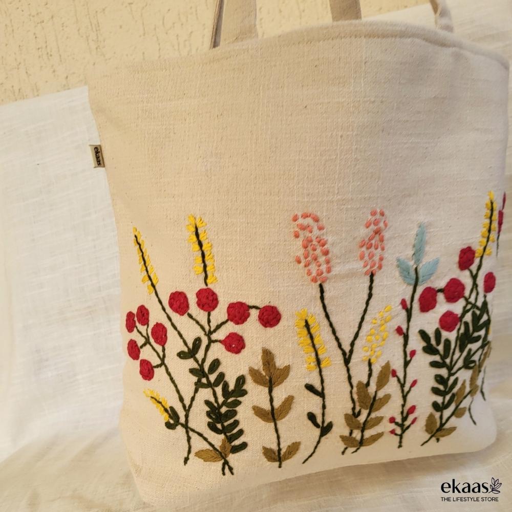 Hand-Embroidered Floral Tote Bag